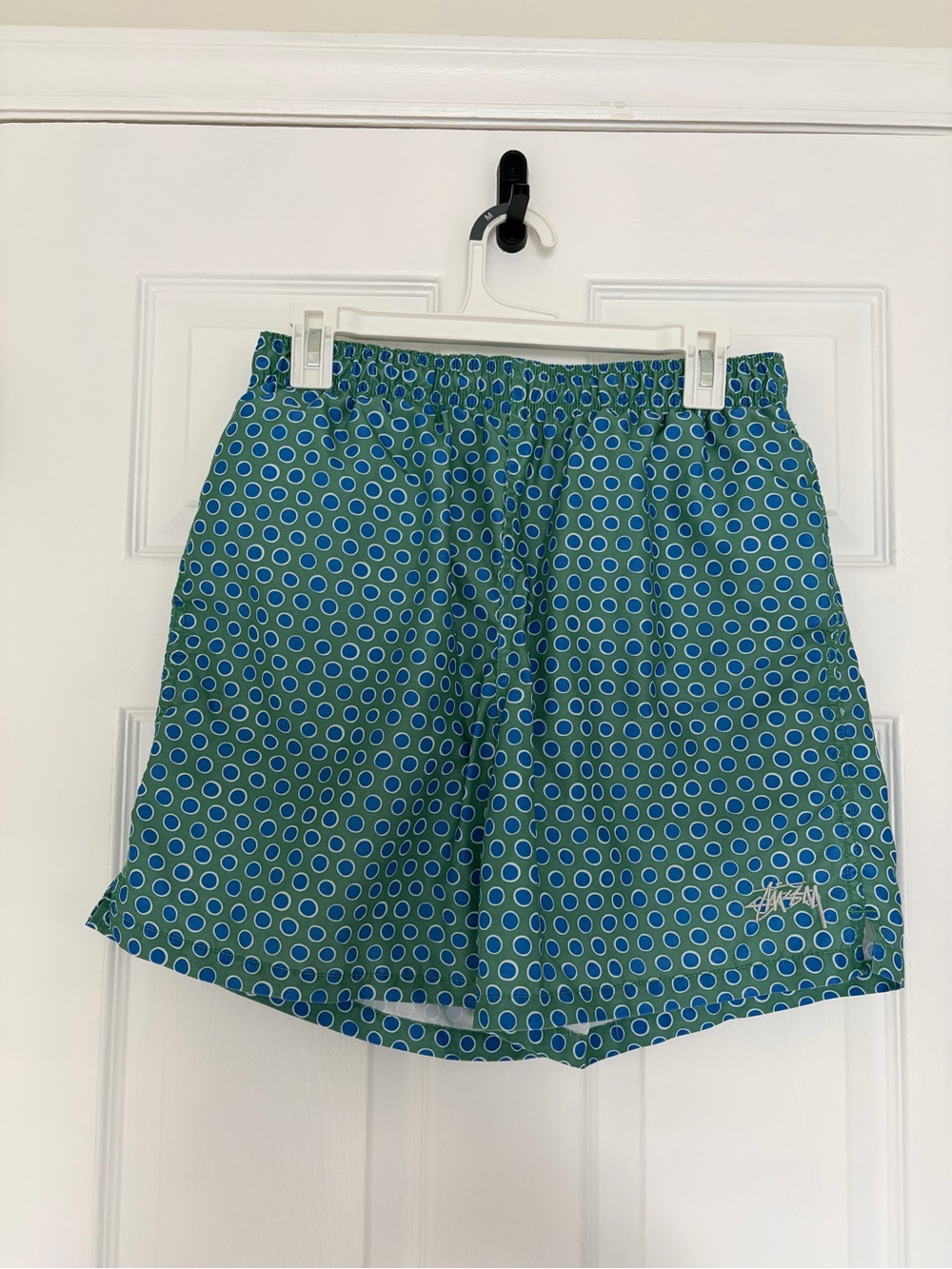 Stussy Teal Swim Shorts with Blue Dot Print